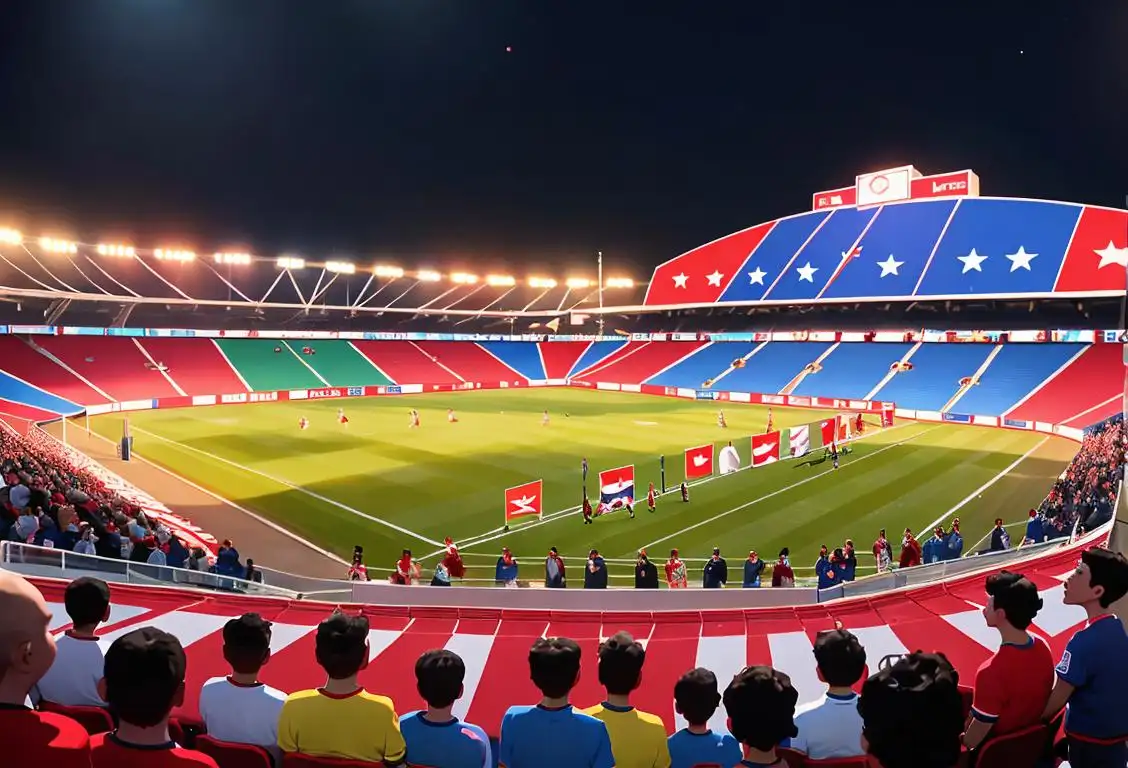 An image of a diverse crowd of people standing in a national stadium, passionately singing the national anthem, showing their patriotic spirit. Stadium lights creating an electric atmosphere..