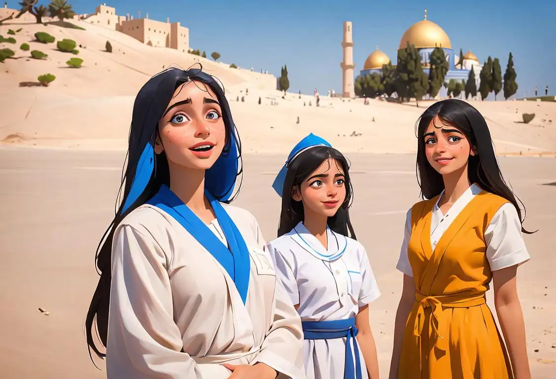 A group of diverse individuals joyfully celebrating National Aliyah Day, wearing traditional Israeli clothing, against a backdrop of iconic Israeli landmarks..