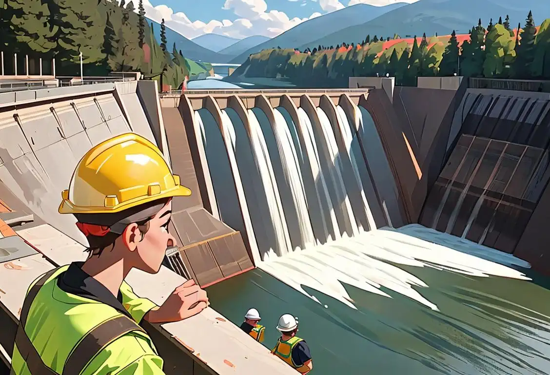 A group of engineers wearing hard hats inspecting the safety and integrity of a dam, with beautiful natural scenery in the background..