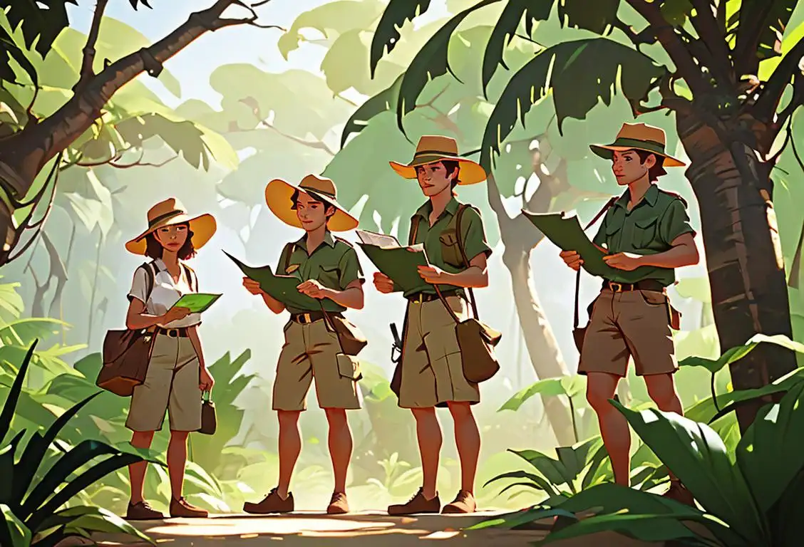Group of explorers wearing safari hats, holding maps, and standing in front of a lush jungle backdrop..
