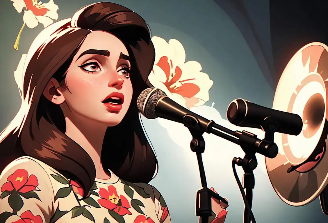 Young woman singing passionately, wearing a vintage floral dress, surrounded by vintage microphone and records, retro music studio setting..