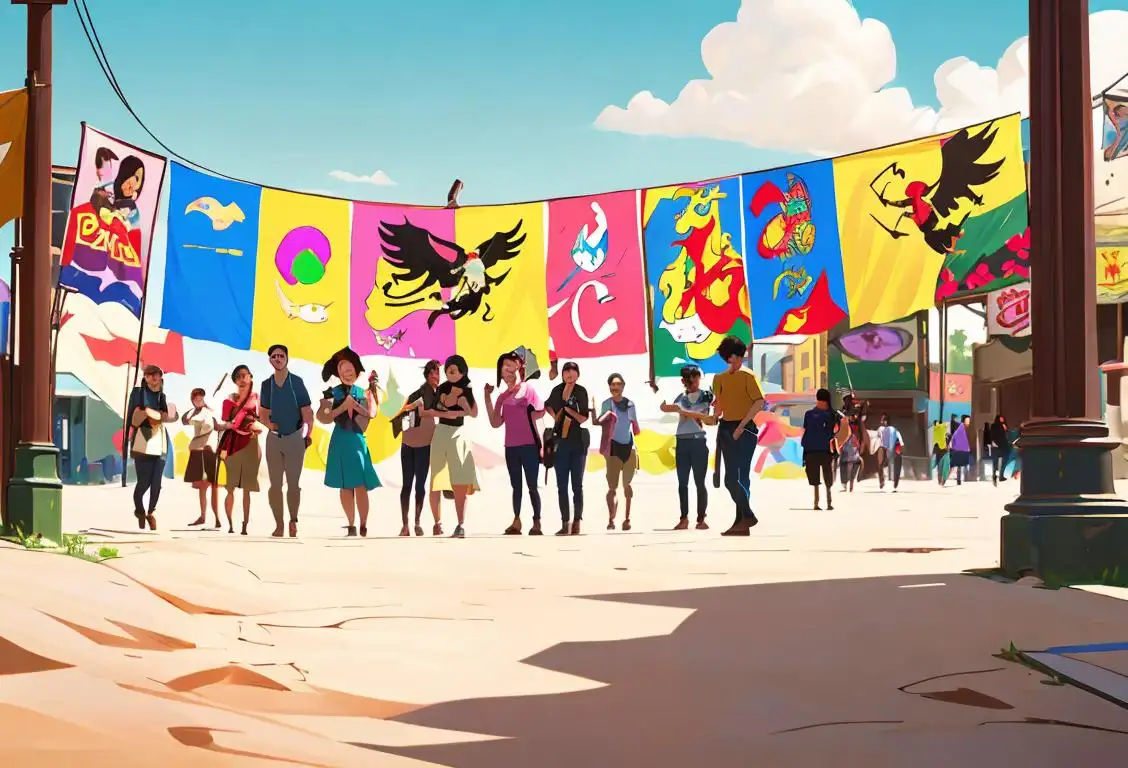 A group of diverse individuals, dressed casually, exploring various activities outdoors, surrounded by colorful banners and signs.