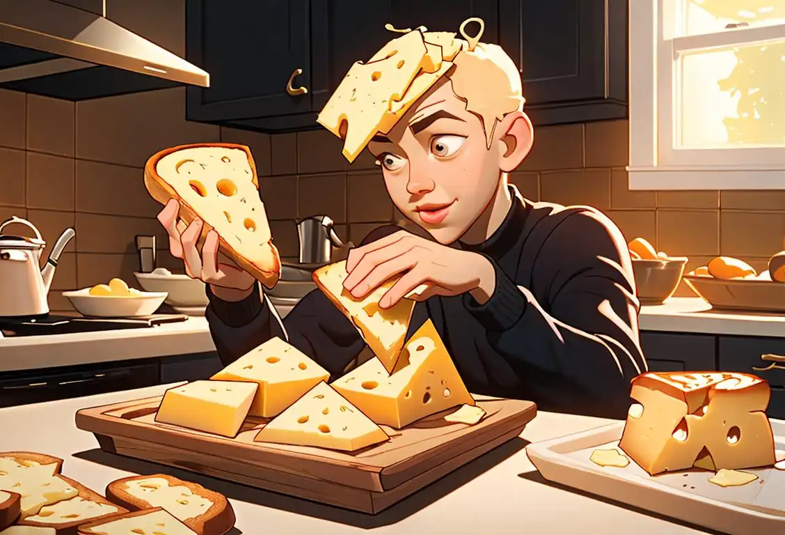 Young person in a cozy kitchen, holding a golden slice of cheese toast with melting cheese stretching out, creating a mouthwatering scene..