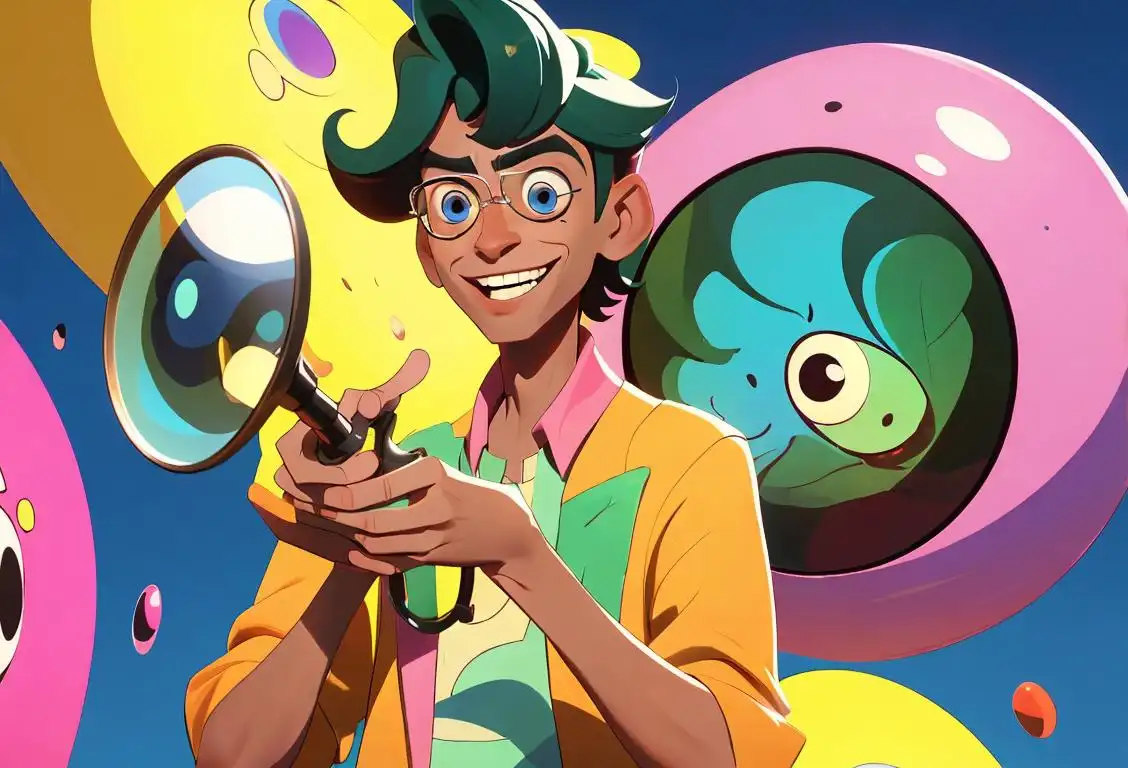 Young man with a big smile, holding a giant magnifying glass, quirky fashion, exploring a colorful virtual world..