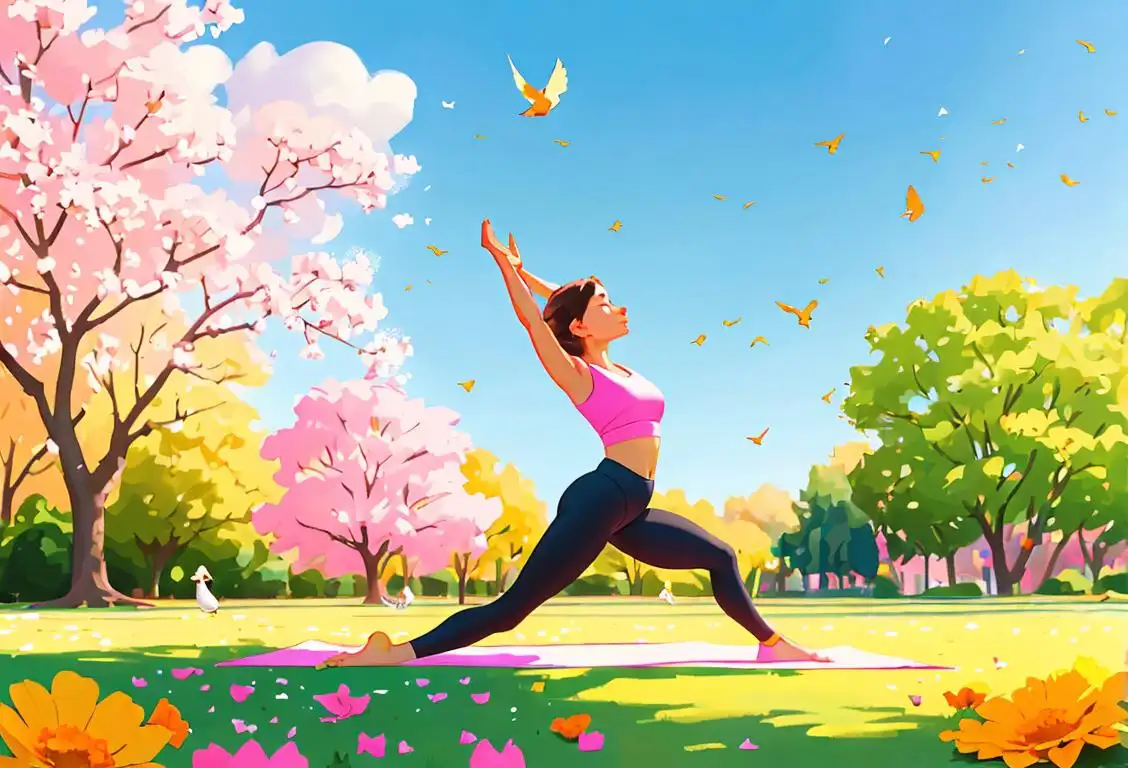 Bright and sunny outdoors scene, person in activewear doing yoga in a peaceful park, surrounded by blooming flowers and chirping birds..
