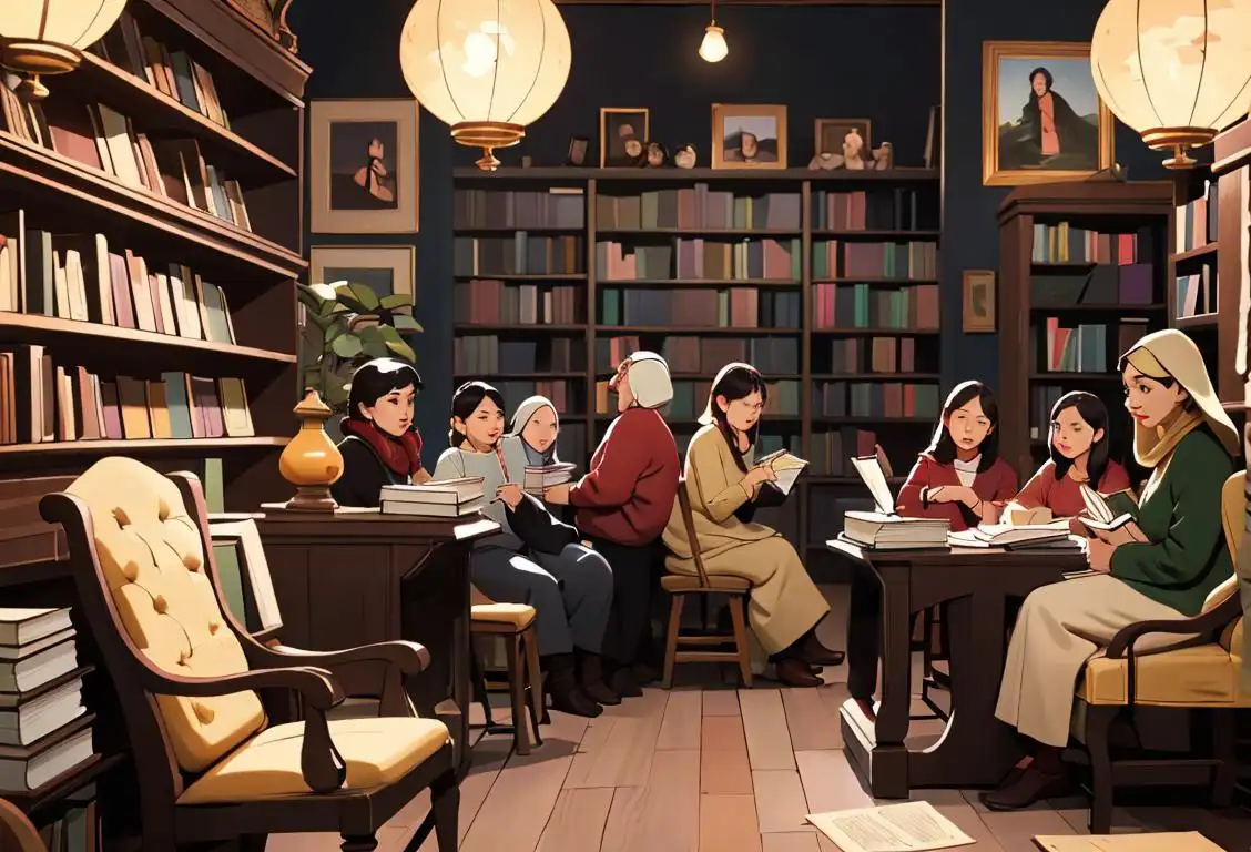 A multicultural group of people holding various books, wearing casual outfits, surrounded by a cozy bookstore atmosphere..