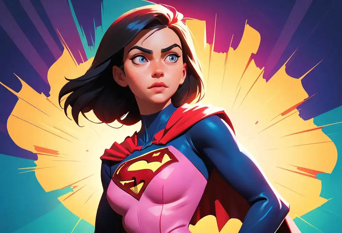 Young woman wearing a superhero cape, giving a thumbs up, bright colorful background, having a confident and powerful stance..