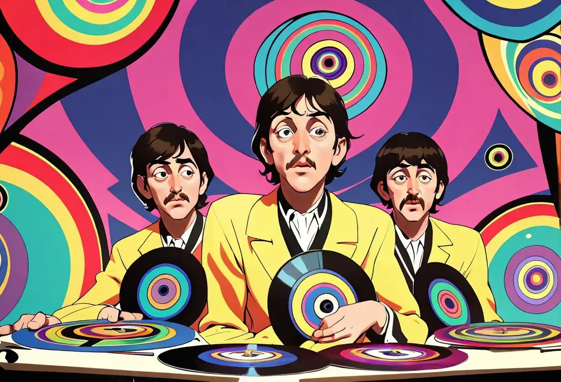 Group of people in 60s fashion, holding vinyl records, in front of a psychedelic backdrop..