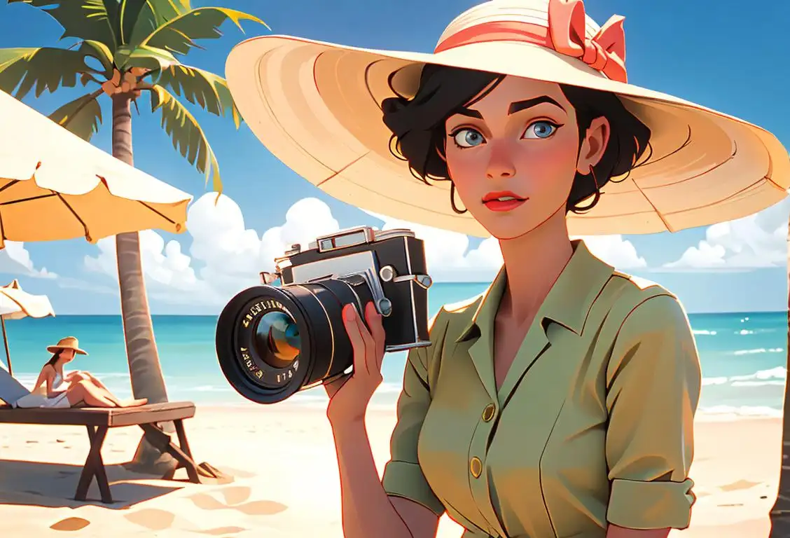 Young woman holding a vintage film camera, wearing a sun hat, beach setting with palm trees..