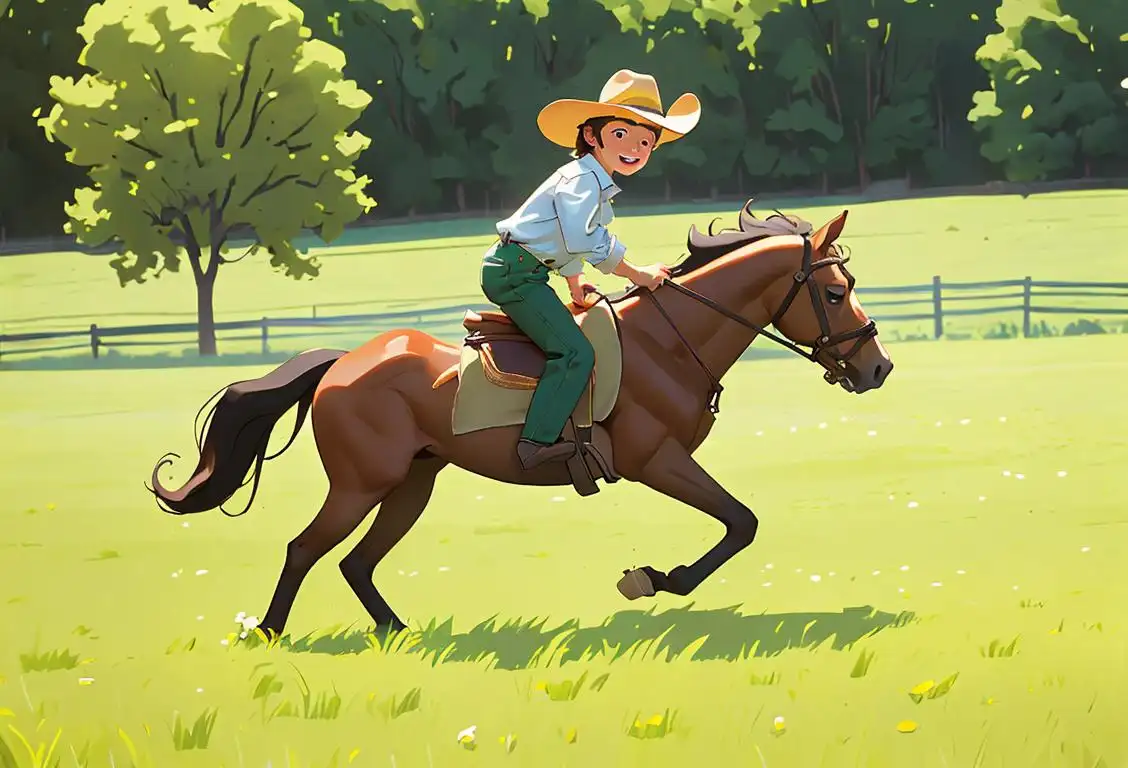 Beautiful horse trotting in a lush green meadow, with a child wearing a cowboy hat and boots, enjoying a playful ride..