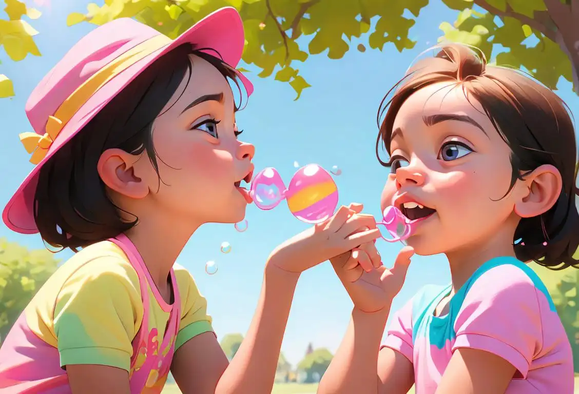 Young children blowing bubbles in a sunny park, wearing colorful summer clothes, surrounded by giggles and laughter..