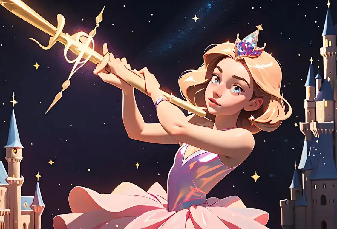 Young girl holding a magic wand, wearing a sparkly tutu, surrounded by glittery stars and a castle in the background..