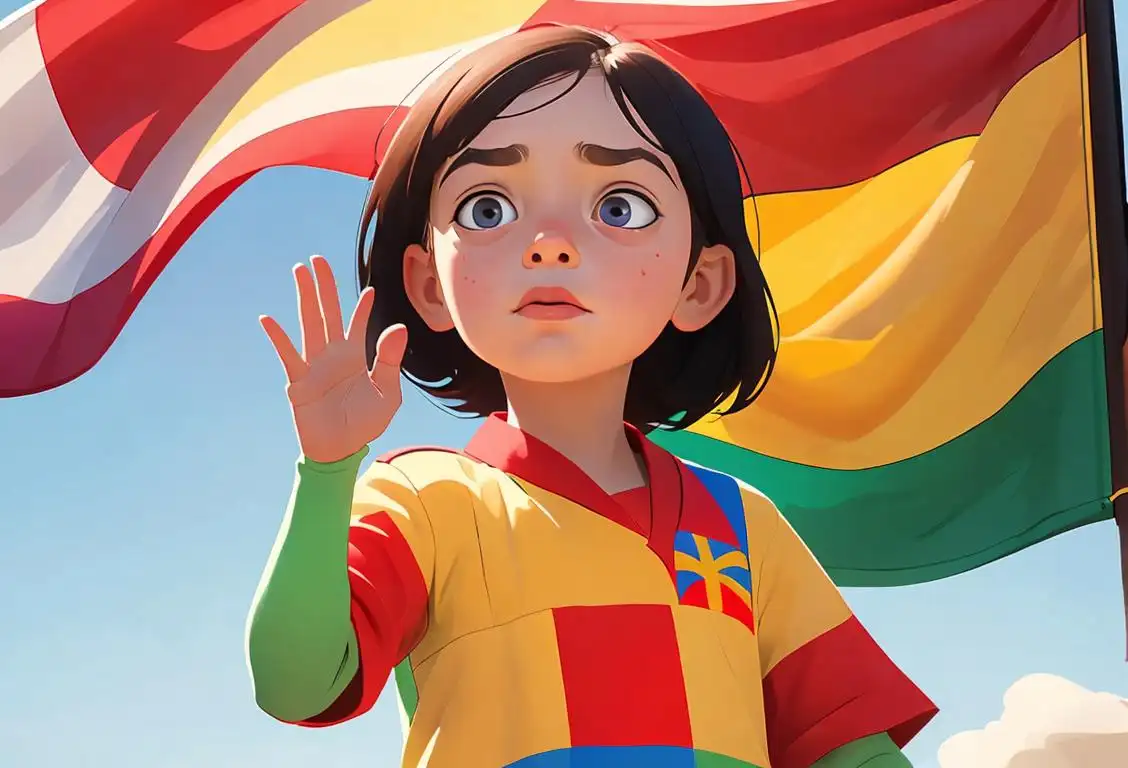 Young child waving a colorful national flag, wearing a shirt with the flag's pattern, surrounded by a diverse group of people in traditional clothing, celebrating National Flag Day..