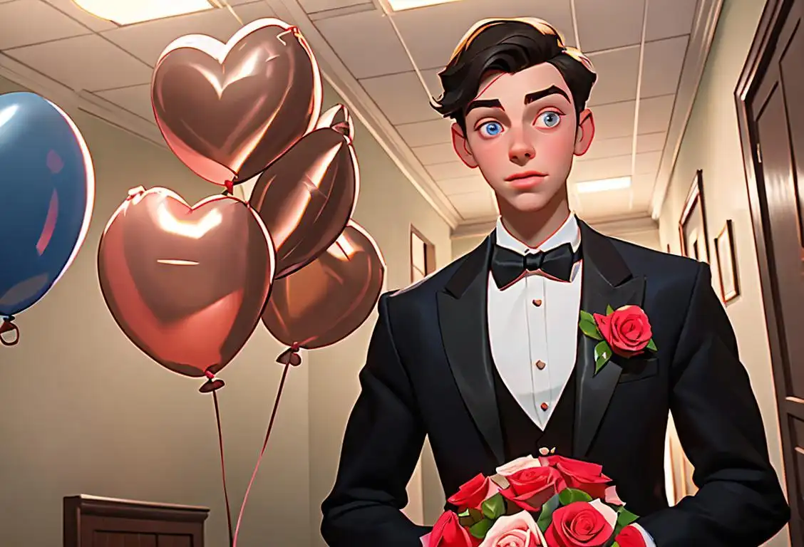 Young man holding a bouquet of roses, wearing a bow tie, in a high school hallway decorated with balloons..