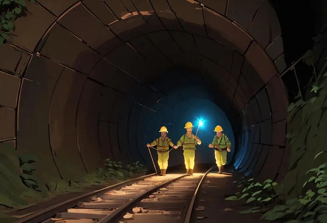 A group of explorers wearing hard hats, holding flashlights, and walking through a tunnel, surrounded by historical tunnel blueprints and maps..