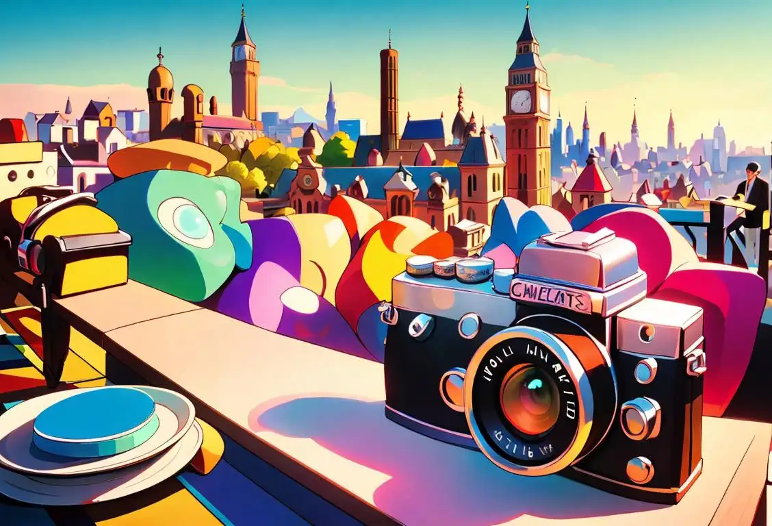 Group of diverse travelers at famous landmarks, wearing colorful clothes, capturing memories with cameras, bustling cityscape in the background..