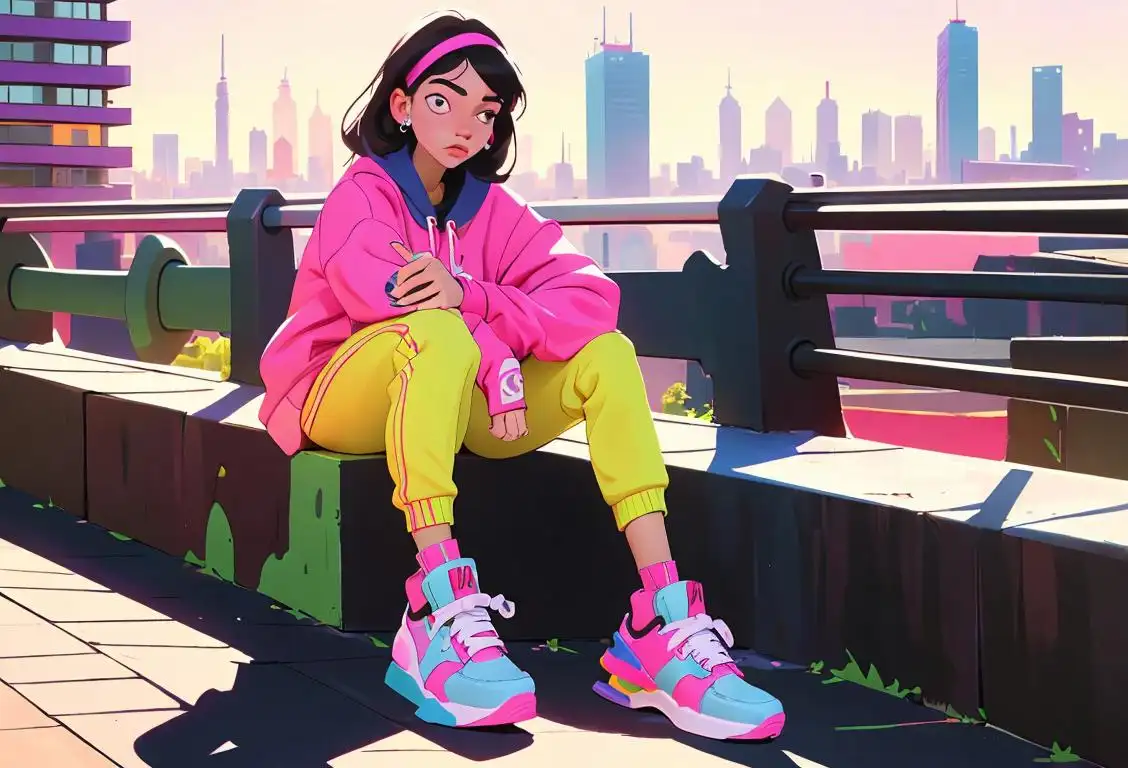 Young woman lacing up her colorful sneakers, sporting a trendy streetwear outfit, urban cityscape in the background..