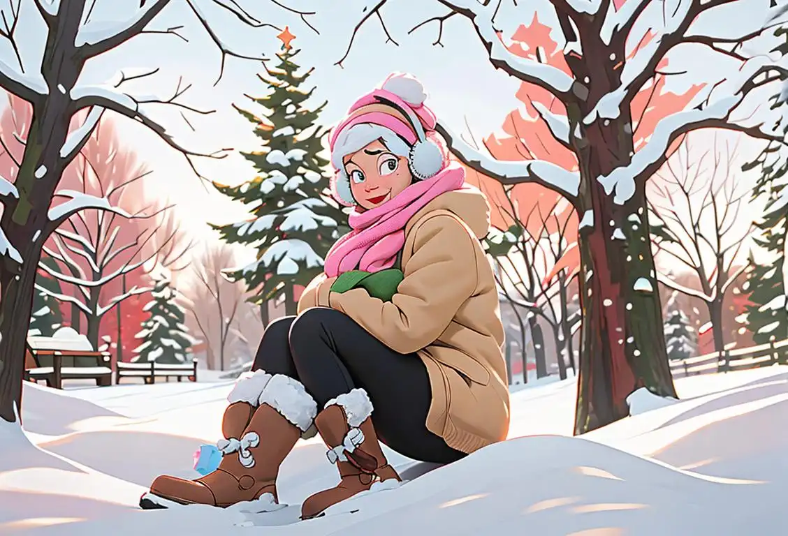 A cheerful person wearing earmuffs, cozy sweater, and winter boots, surrounded by snow-covered trees in a park..
