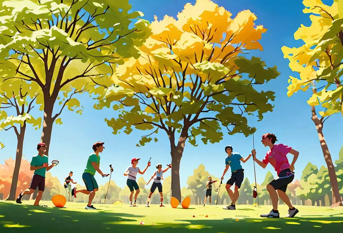 A group of friends playing disc golf in a sunny park, wearing athletic clothes and surrounded by trees and laughter..