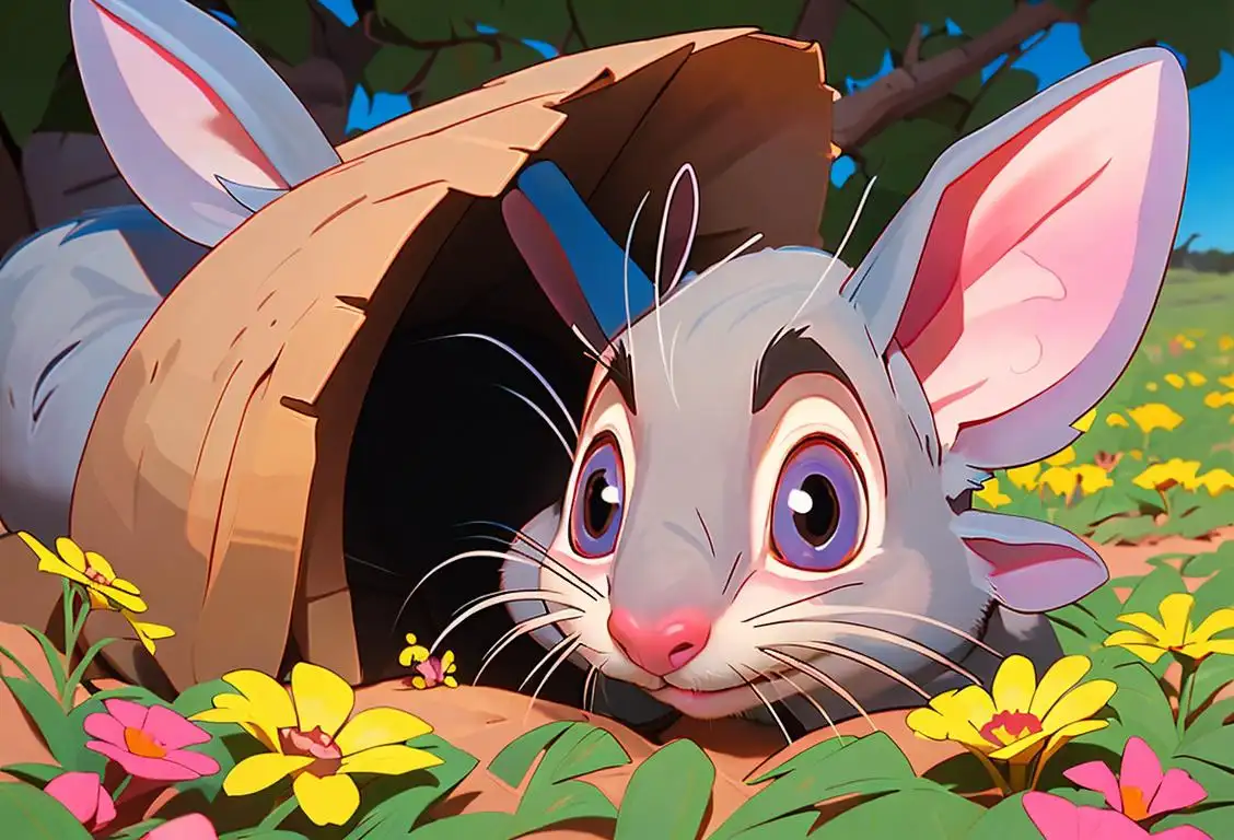 A cute bilby peeking out of its burrow in the Australian outback, surrounded by colorful wildflowers..