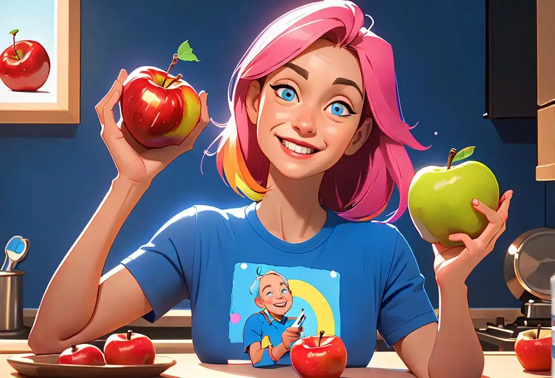 Happy person wearing blue circle t-shirt, holding apple and glucose meter, smiling in colorful kitchen..