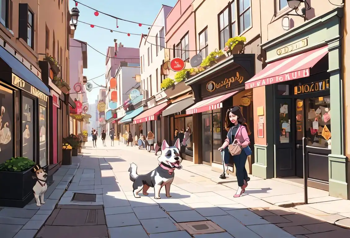 A cute dog wearing a stylish outfit, walking in a trendy city street, surrounded by fashionable storefronts..