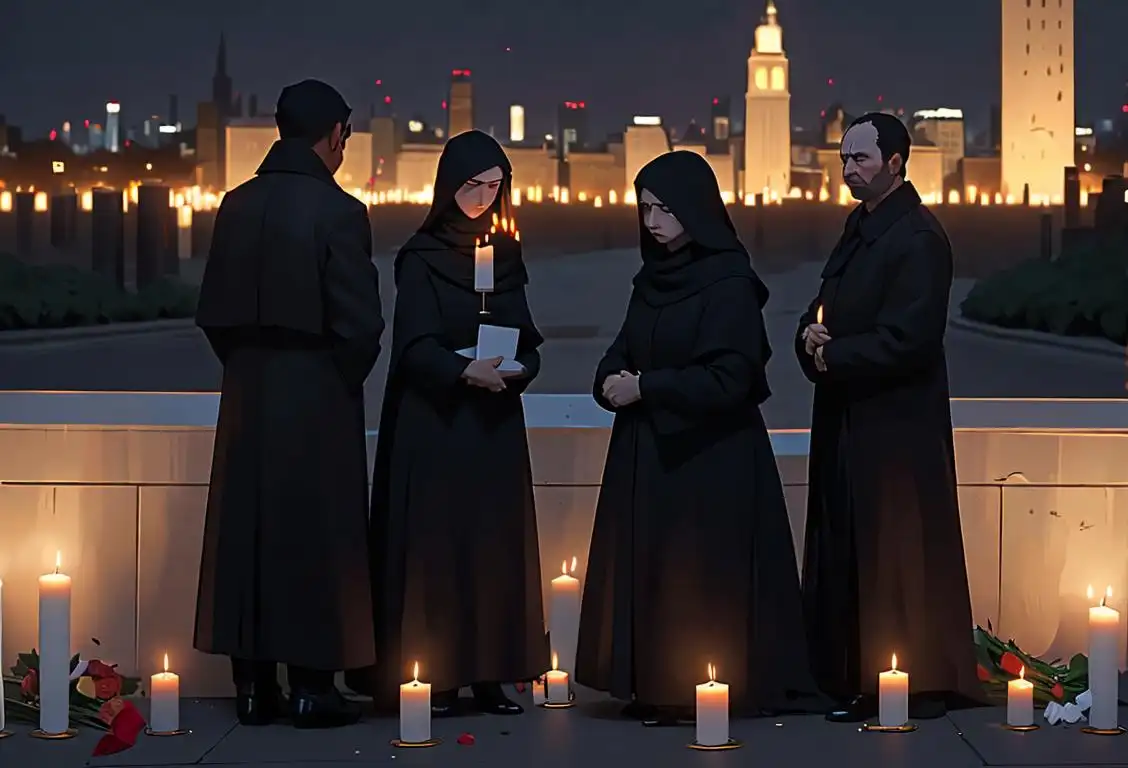 Group of people dressed in black, holding candles in front of a memorial wall, somber expressions, city skyline in the background..