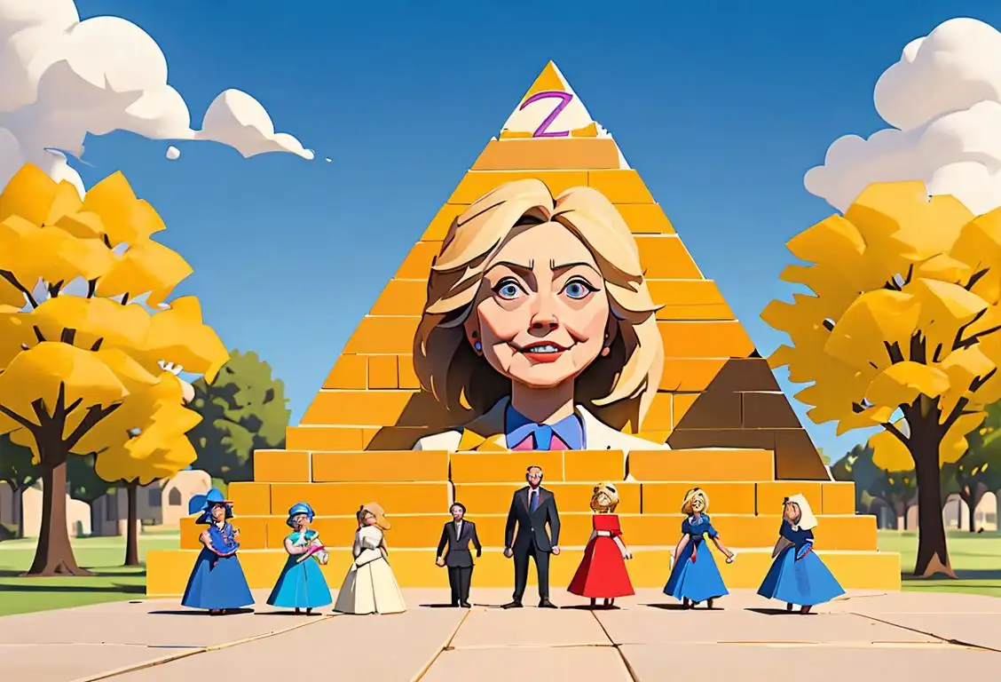 Happy group of people building a block pyramid with Hillary Clinton's name on it, a sunny park setting, diverse group of stylishly dressed individuals in colorful attire..