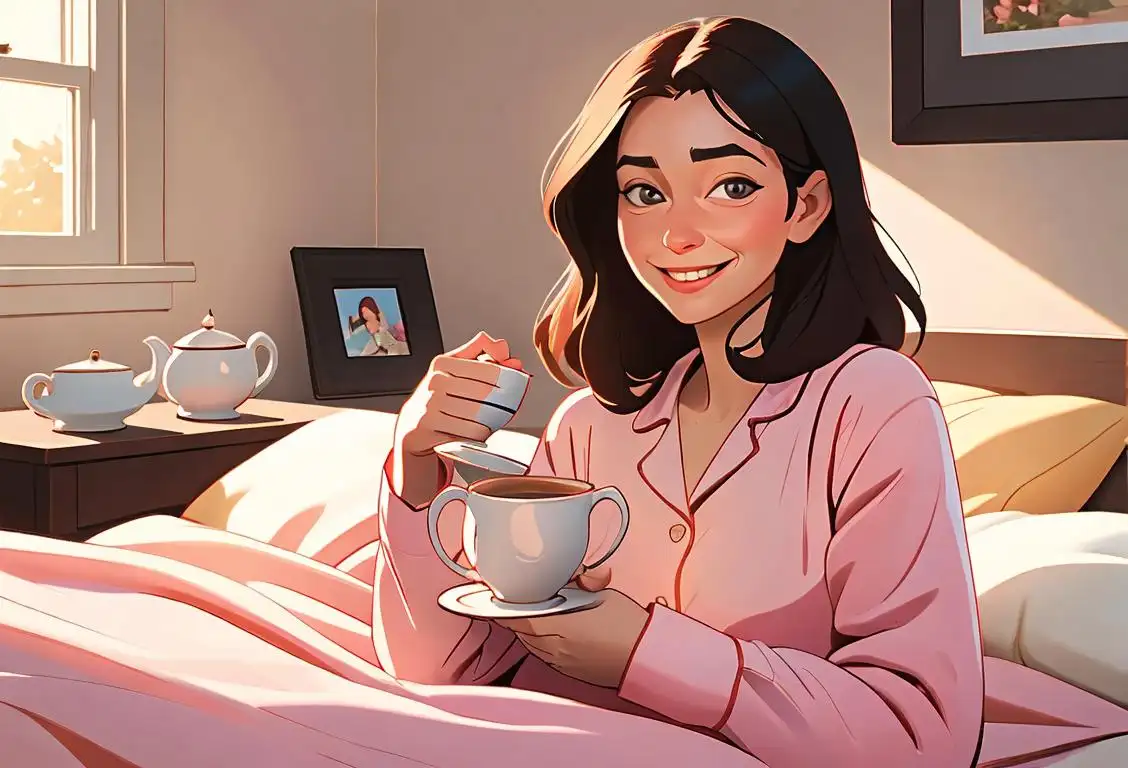 Smiling woman in pajamas, holding a mug of tea, cozy blanket, sunny bedroom scene..