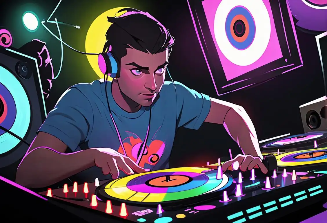 A DJ wearing headphones and a vibrant shirt, spinning records in a packed nightclub with colorful lights..