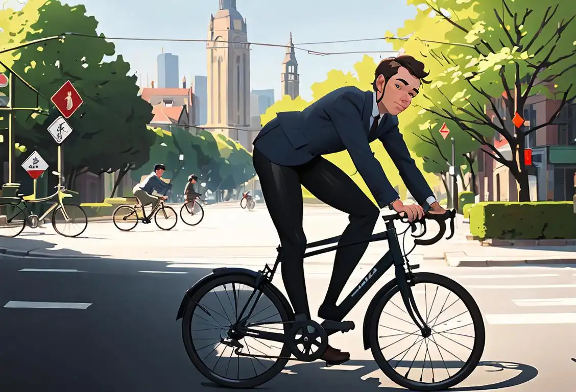 A person riding a bicycle to work, wearing professional attire, in a city setting with buildings and trees..