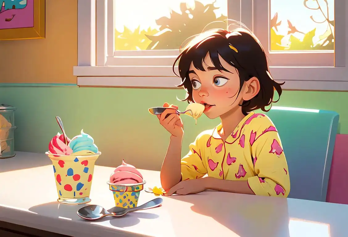 Child with messy hair and pajamas, sitting on kitchen counter, eating ice cream with a spoon, colorful breakfast spread, cheerful morning sunlight..