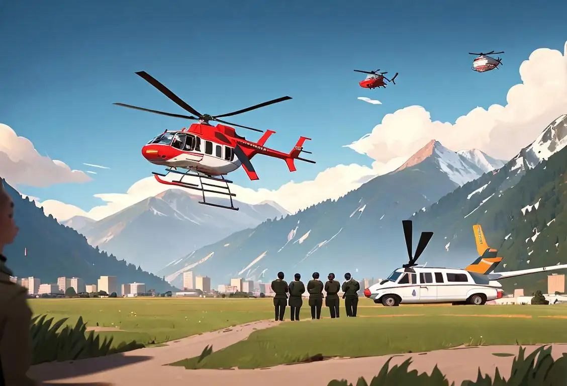 A group of people standing near a helicopter, wearing pilot uniforms, with a scenic backdrop of a bustling city or lush mountains..
