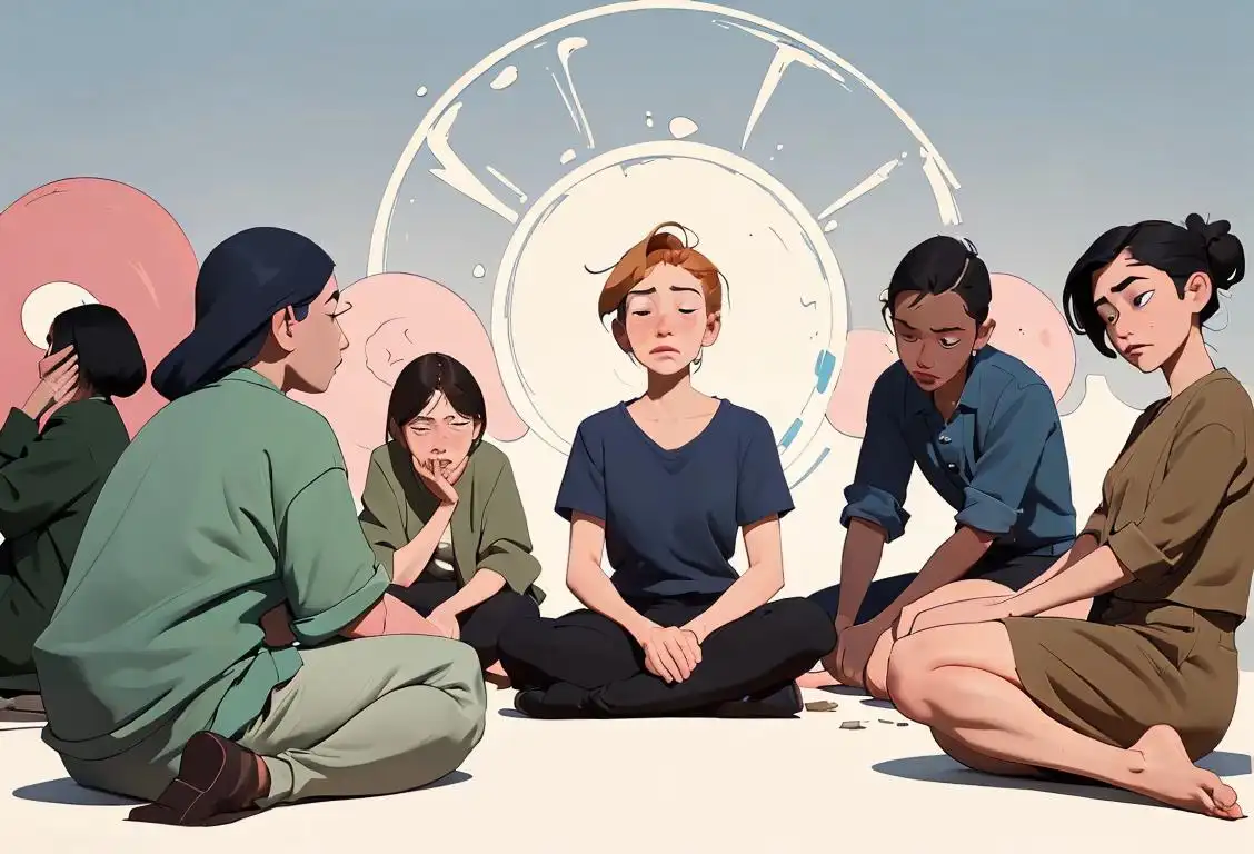 A diverse group of individuals sitting in a circle, wearing casual clothing, comforting and supporting each other, with a peaceful and calming background..