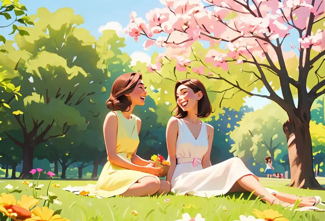 Two girlfriends sitting in a park, laughing and enjoying a picnic, wearing casual summer dresses, surrounded by flowers and sunshine..