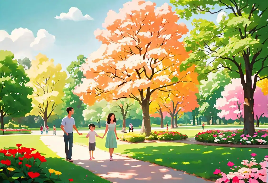 Young family in casual attire enjoying a scenic walk in the park, surrounded by trees and colorful flowers..