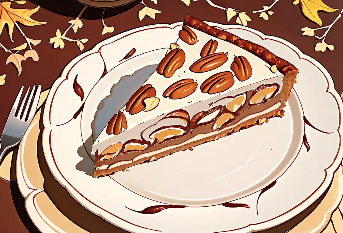 A close-up shot of a slice of pecan torte on a floral patterned plate, surrounded by autumn leaves and acorns..
