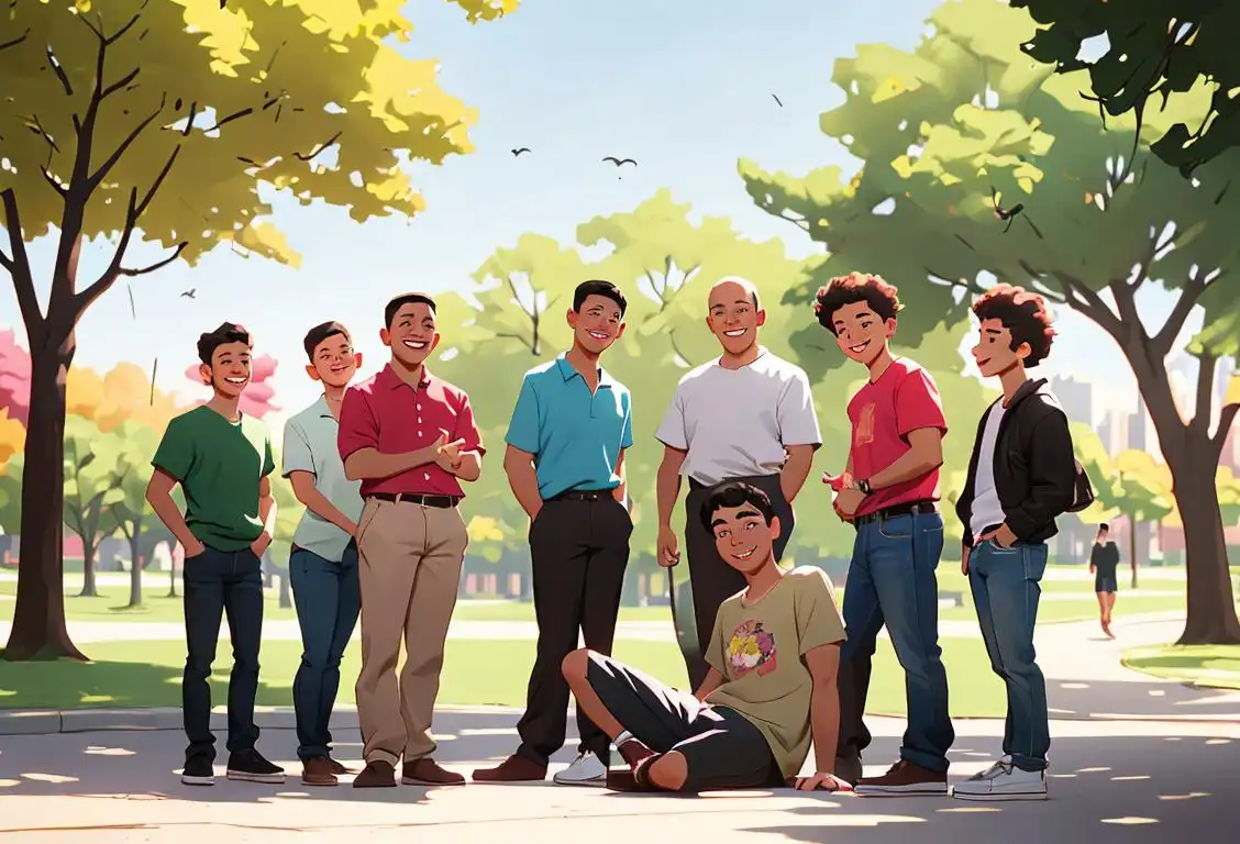 Young man smiling, surrounded by a group of diverse friends in casual clothing, hanging out at a park..