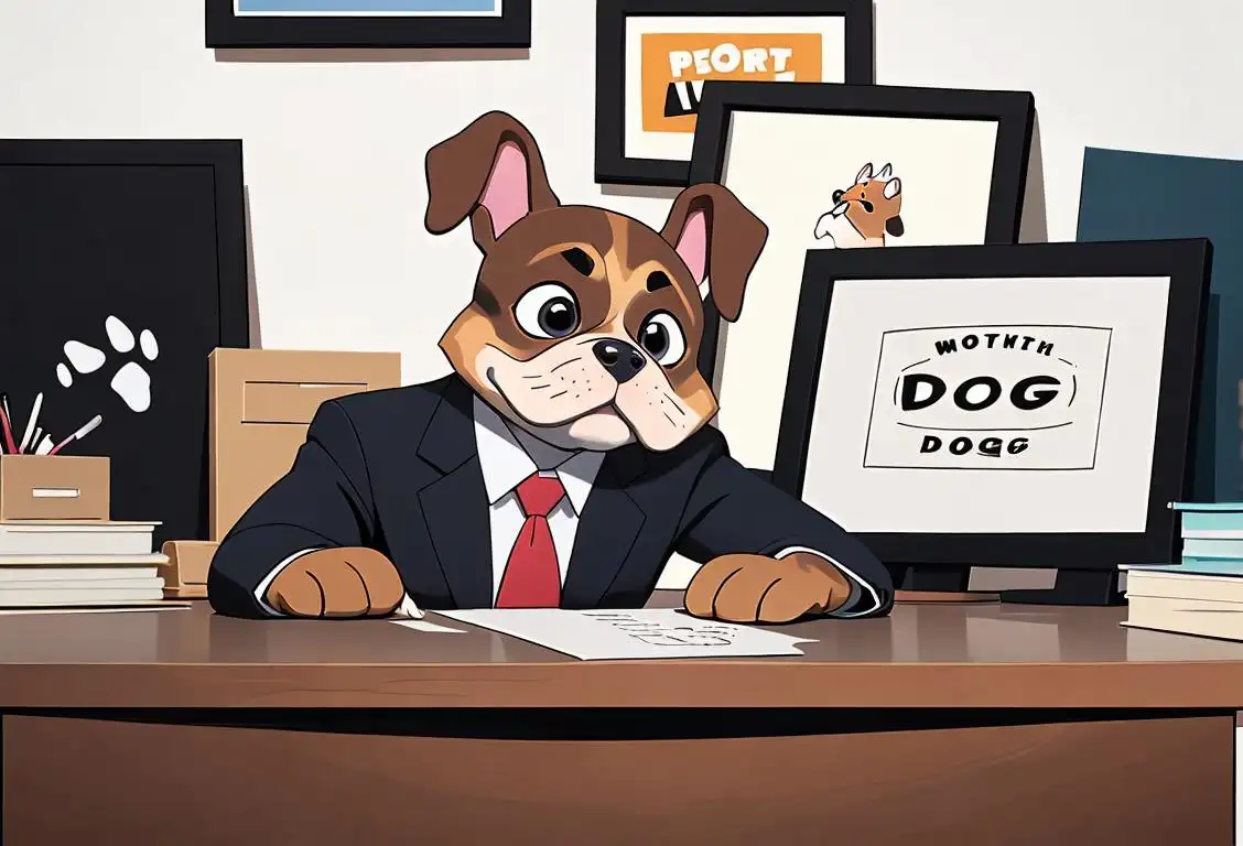 A hardworking individual in business attire, surrounded by various office supplies and a motivational poster with the phrase 'Work Like a Dog'..