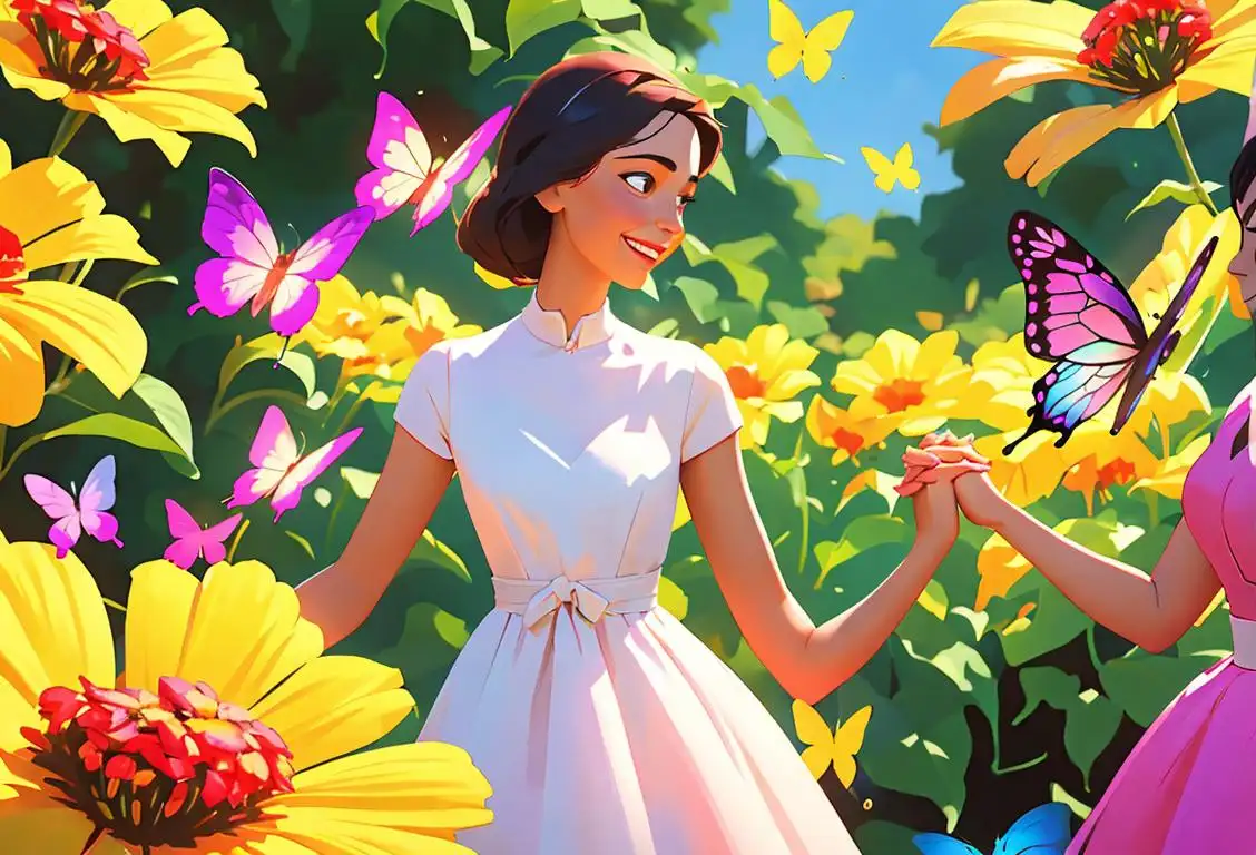 A diverse group of women in colorful summer dresses, holding hands and smiling, surrounded by flowers and butterflies..