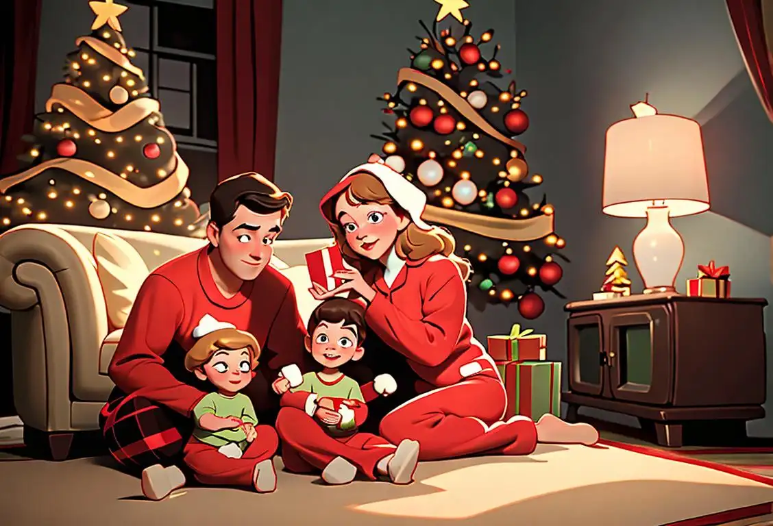 Families in cozy pajamas gather around a Christmas tree, watching a heartwarming holiday movie on a vintage television set adorned with twinkling lights..