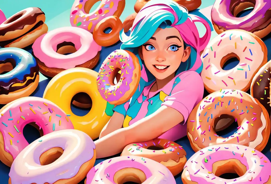 Delighted person surrounded by a variety of colorful doughnuts, wearing a fun attire, vibrant bakery scene..