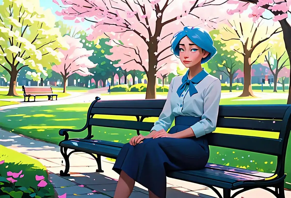 Young woman wearing a blue ribbon to raise mesothelioma awareness, sitting on a park bench surrounded by vibrant spring flowers, enjoying a peaceful moment.