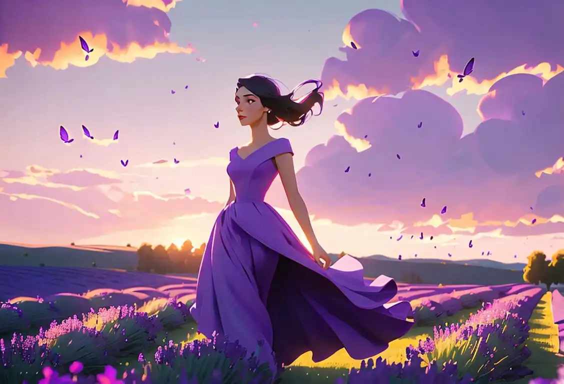 Elegant woman wearing a flowing purple dress, walking through a lavender field at sunset, surrounded by fluttering butterflies..