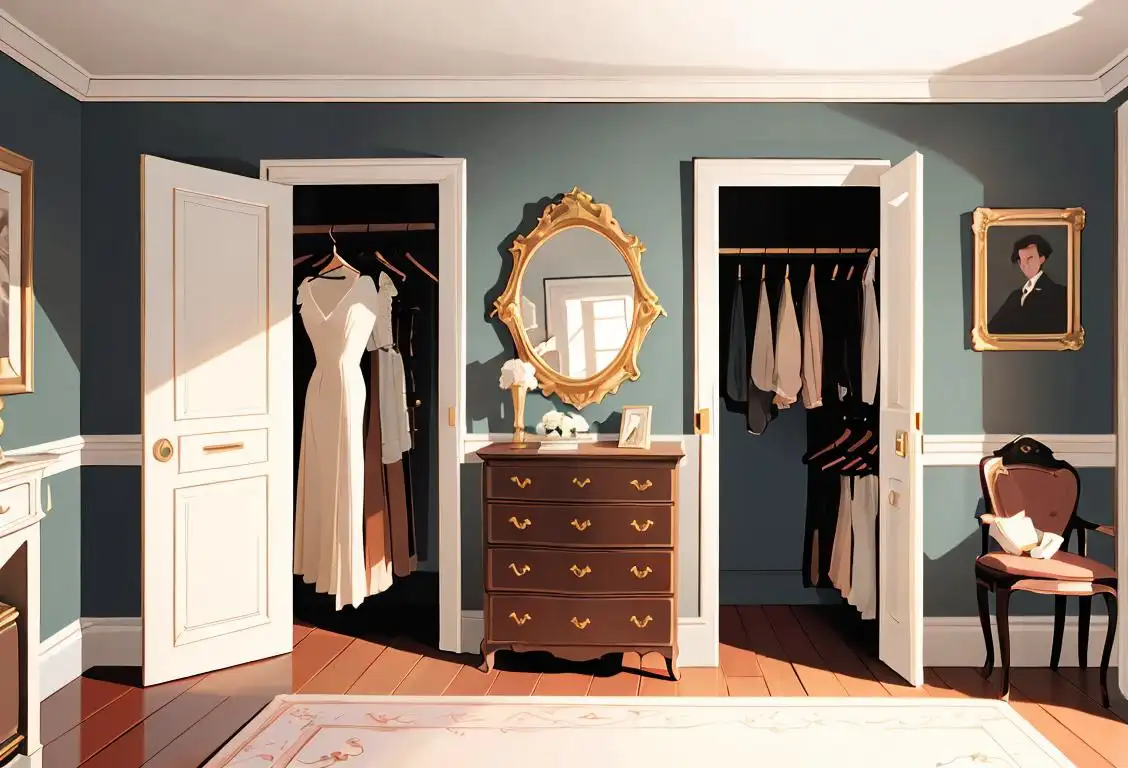 Illustration of a person opening a closet door to reveal a beautifully organized chest, with clothes neatly folded and arranged, surrounded by elegant vintage fashion accessories..