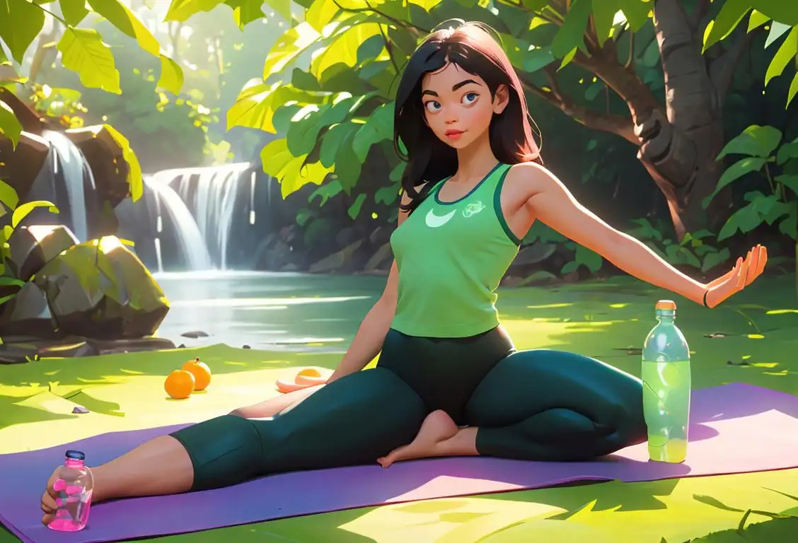 Young woman in activewear, holding a yoga mat, surrounded by lush green scenery and health-related props like fruits and a water bottle..