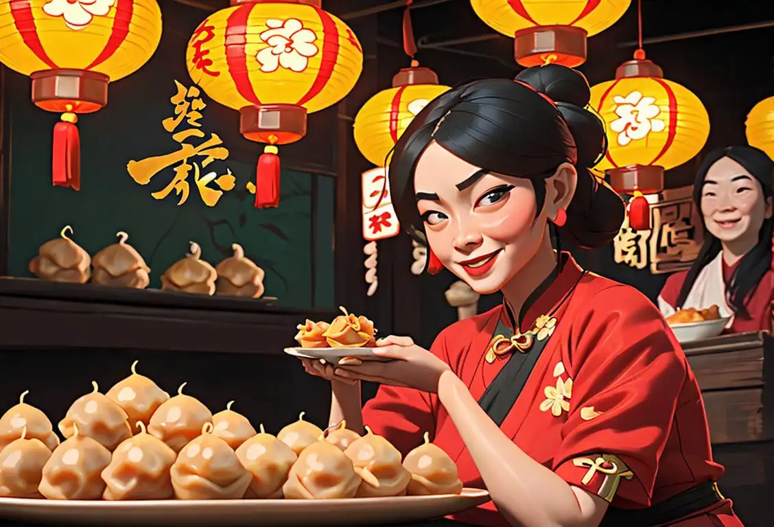 A smiling person enjoying a plate of siomai, wearing a traditional Chinese qipao, vibrant oriental market scene with lanterns and bustling vendors..