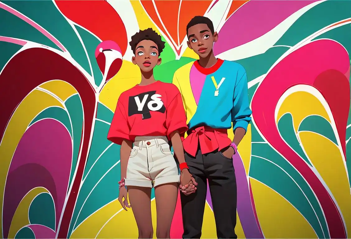 Young individuals wearing vibrant, trendy outfits, holding hands while standing in front of a mosaic artwork, symbolizing unity and raising awareness for Youth HIV and AIDS Awareness Day..