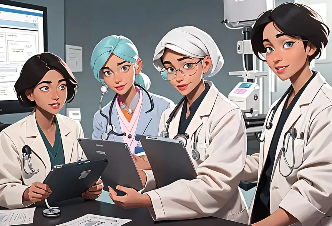 A group of diverse medical professionals in white lab coats with stethoscopes, examining a smiling and diverse group of people in a modern clinic setting..