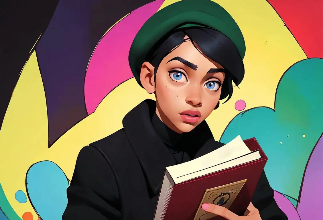 A young black poet, wearing a stylish beret, holding a book of poetry, surrounded by a backdrop of vibrant colors..